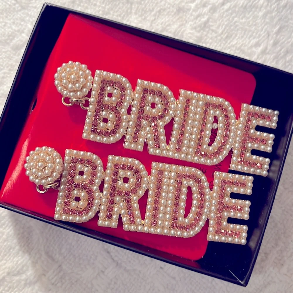 NWT 2-PC set of bride bling: gold rhinestone headband & dangling BRIDE earrings